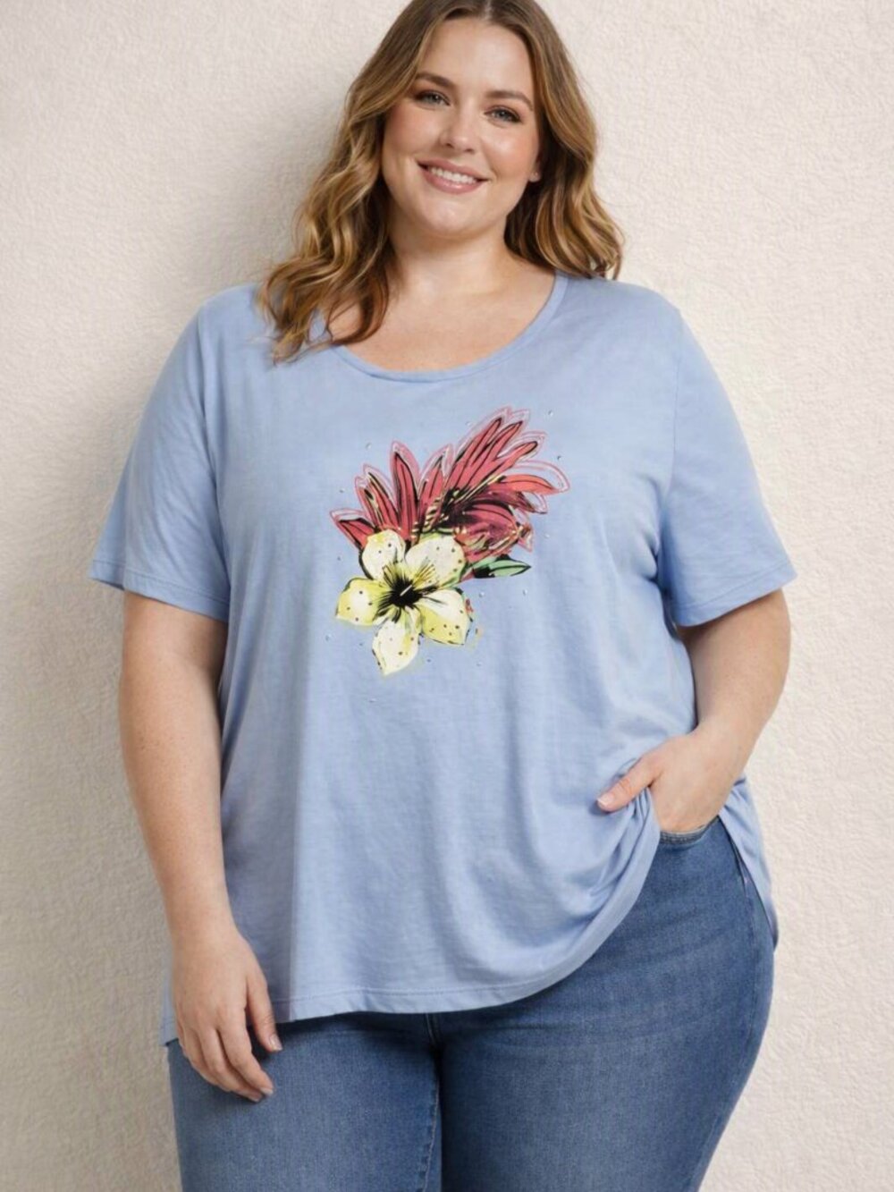 New Quacker Factory Floral Tropical Short Sleeve Top Light Blue Size 1X
